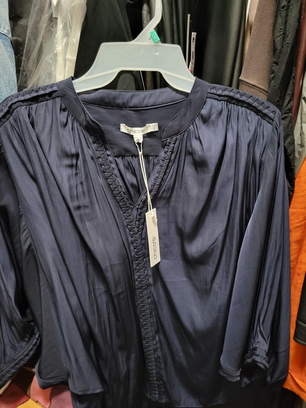 Chico's Dark Navy Pleated V-Neck Blouse with Braid Trim